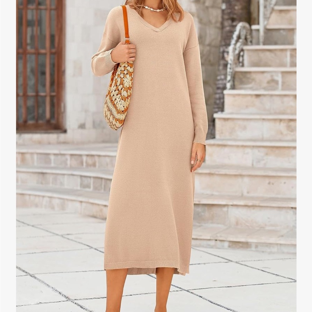 Chic Beige Long Sleeve V-Neck Dress M